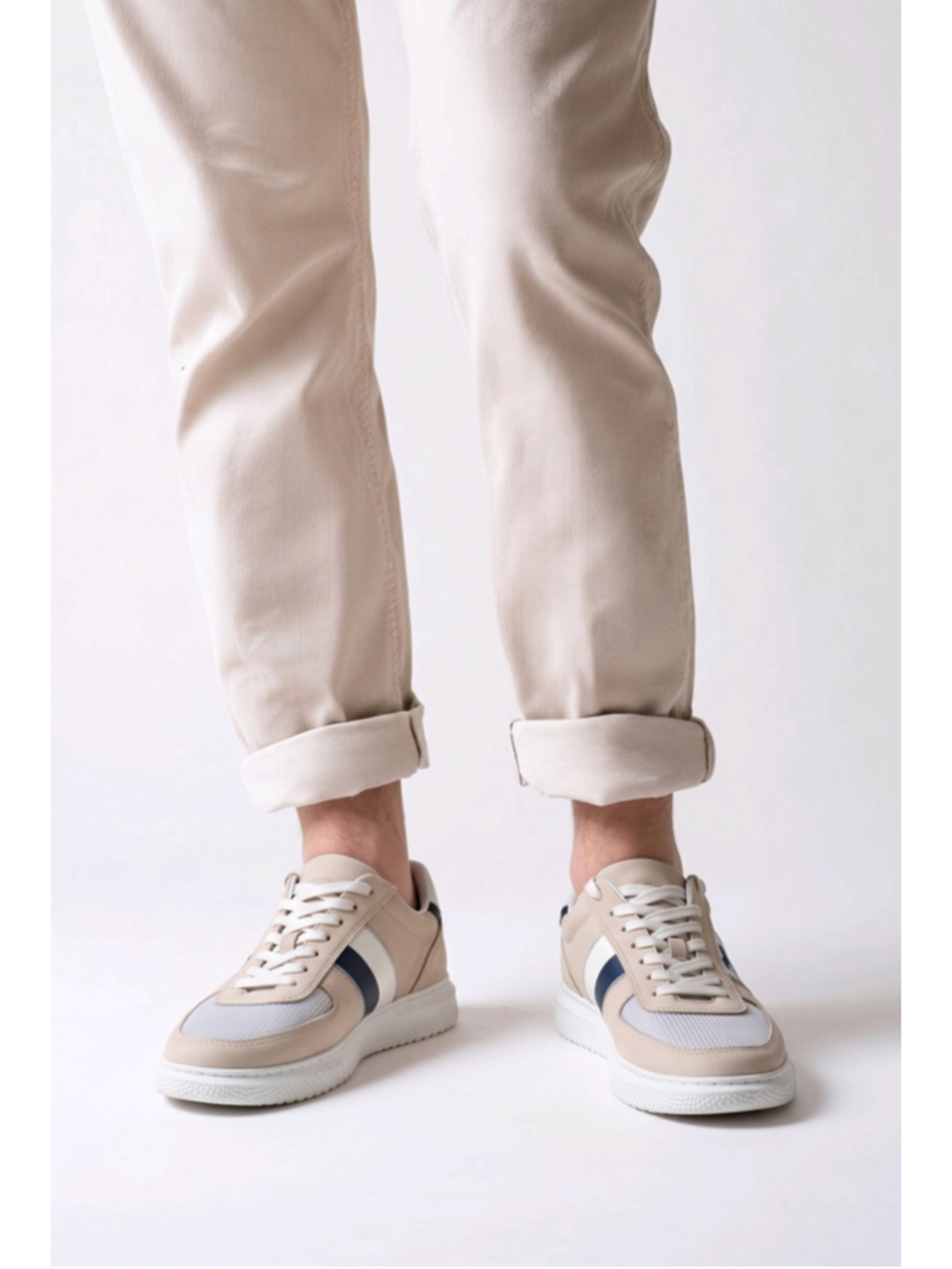 Men's Harmont & Blaine Sneakers in Beige and Blue with Side Logo - Picture 3 of 14